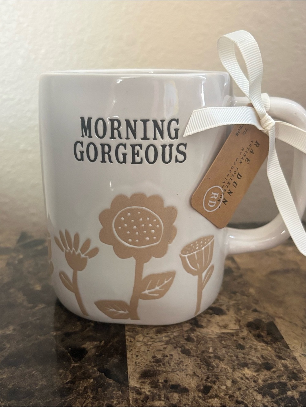 Rae Dunn White Mug with Tan Floral Accents and 'Morning Gorgeous' Text